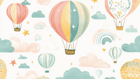 Hot air balloon wallpaper design file showing full pattern with pastel rainbows and floating balloons