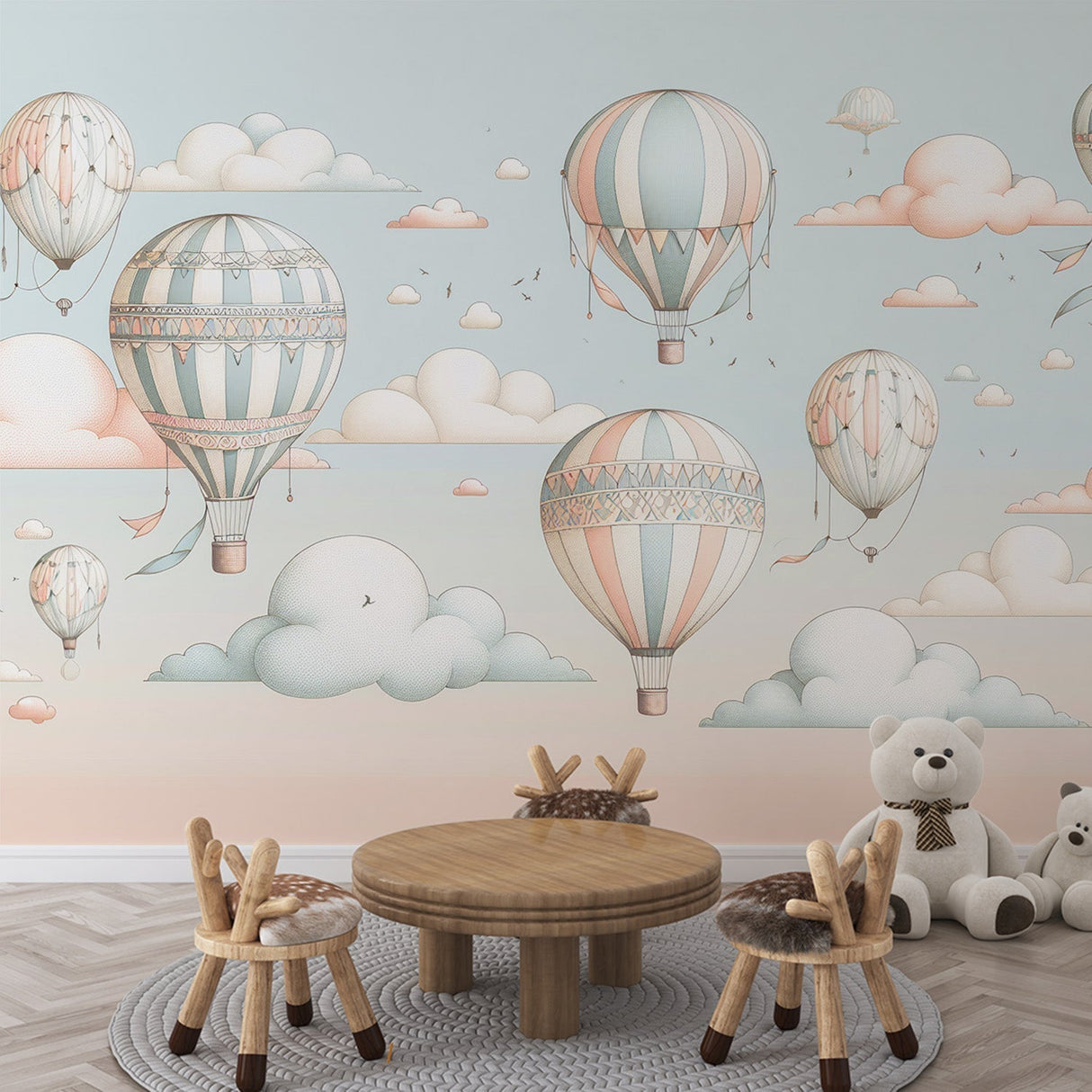 Hot air balloon nursery wallpaper creating a magical atmosphere in a cozy bedroom, with soft pastel colors and floating clouds