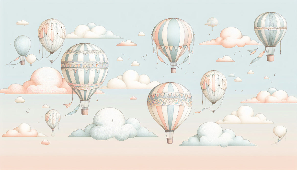 Hot air balloon wallpaper design file showing detailed vintage balloons and dreamy pastel sky pattern