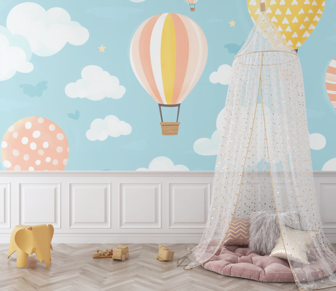 Playroom wall decorated with hot air balloon wallpaper, creating a dreamy atmosphere with floating balloons