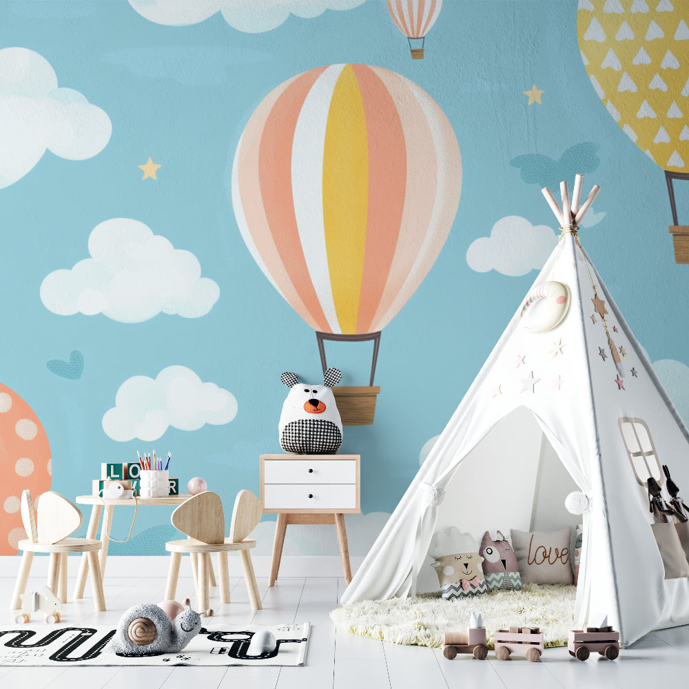 Baby room showcasing pastel hot air balloon wallpaper with gentle colors and whimsical design