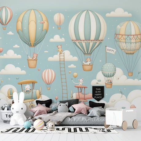 Hot air balloon nursery wallpaper with teddy bears creates a dreamy atmosphere in a modern white and gray nursery with rocking chair