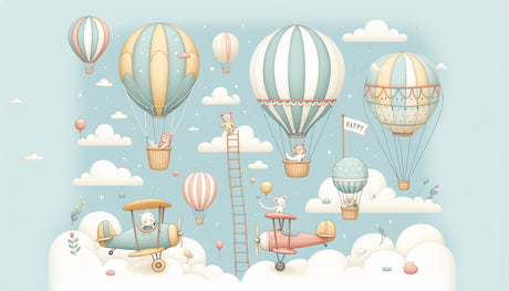 Hot air balloon wallpaper design file showing pastel sky pattern with floating bears and vintage balloons