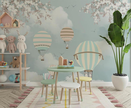 Hot air balloon nursery wallpaper creating a magical atmosphere in a modern nursery with soft lighting