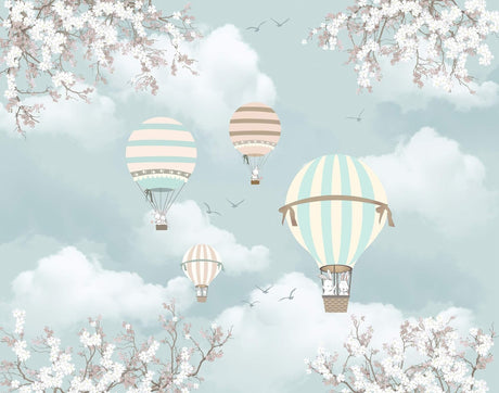 Design file showing detailed hot air balloon pattern with cherry blossoms and clouds