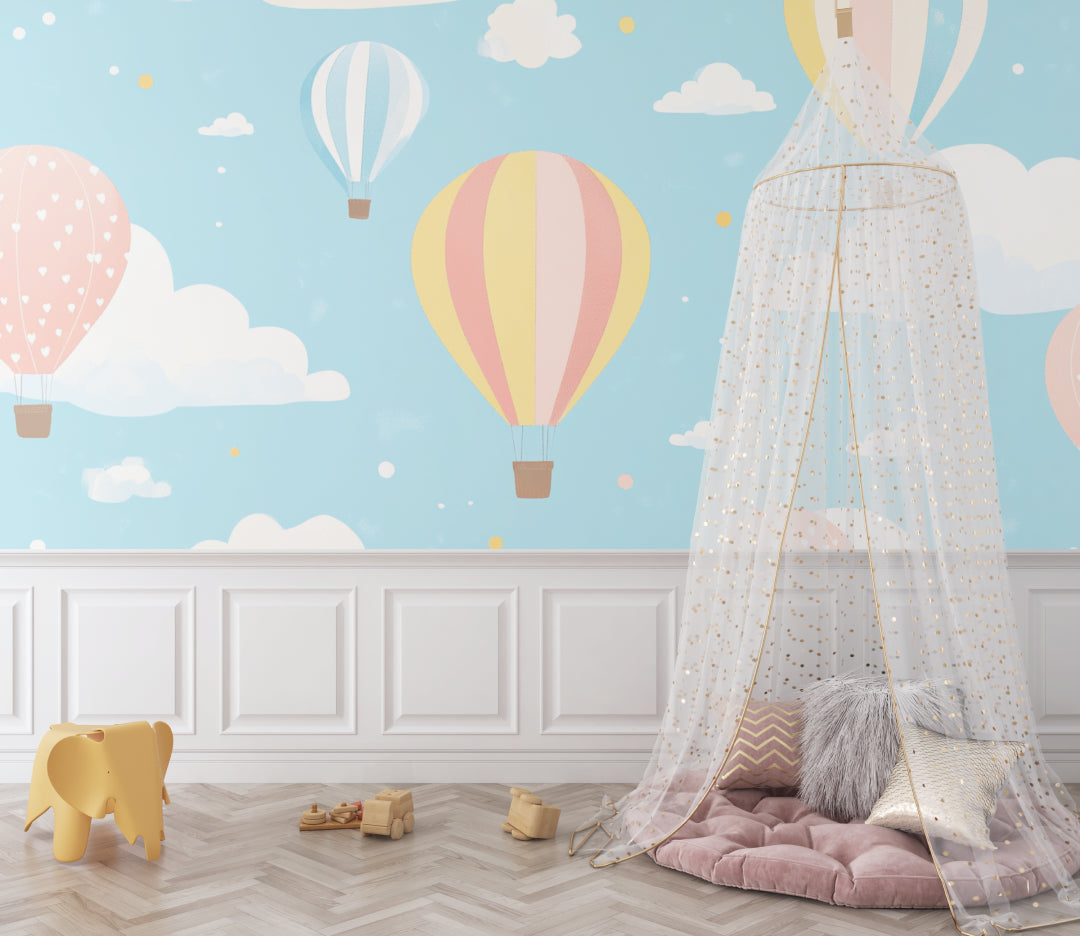 Kids bedroom featuring hot air balloon wallpaper with soft clouds and stars, perfect for bedtime stories