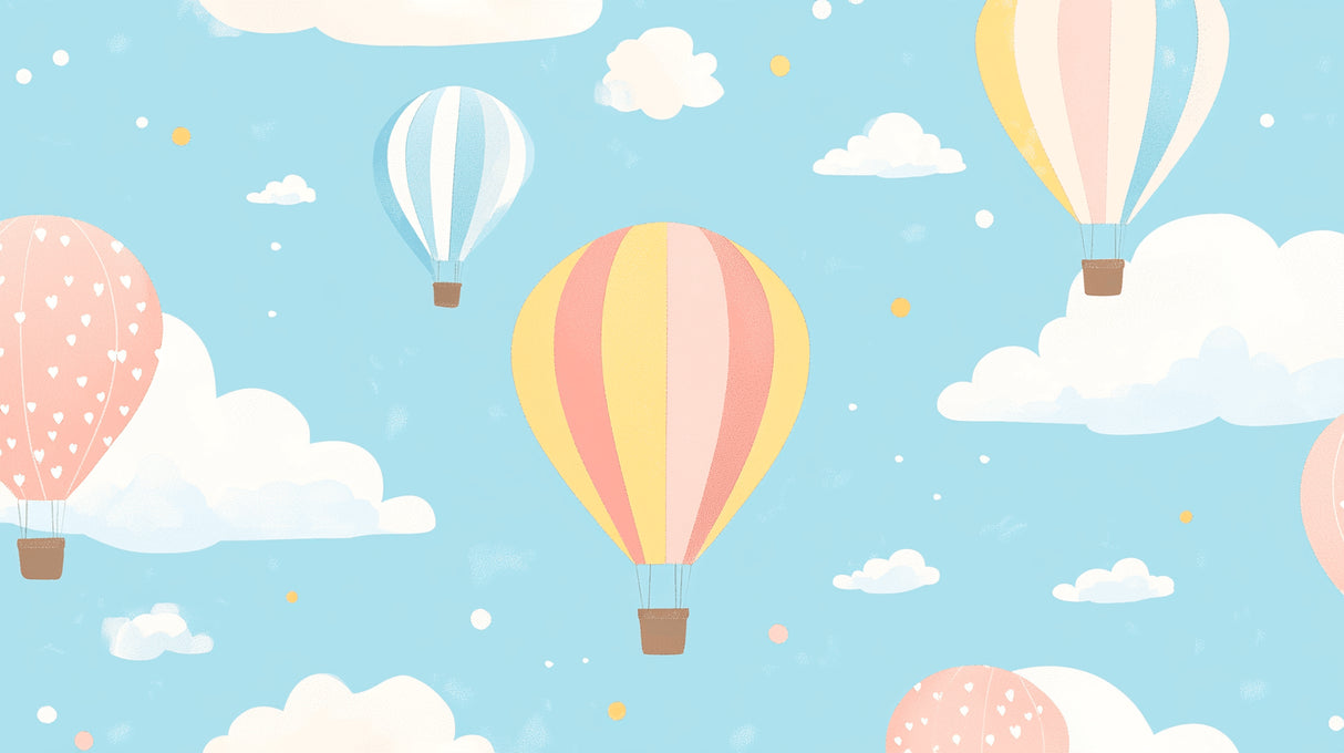 Hot air balloon wallpaper design file showing detailed pastel balloons floating in cloud-filled sky