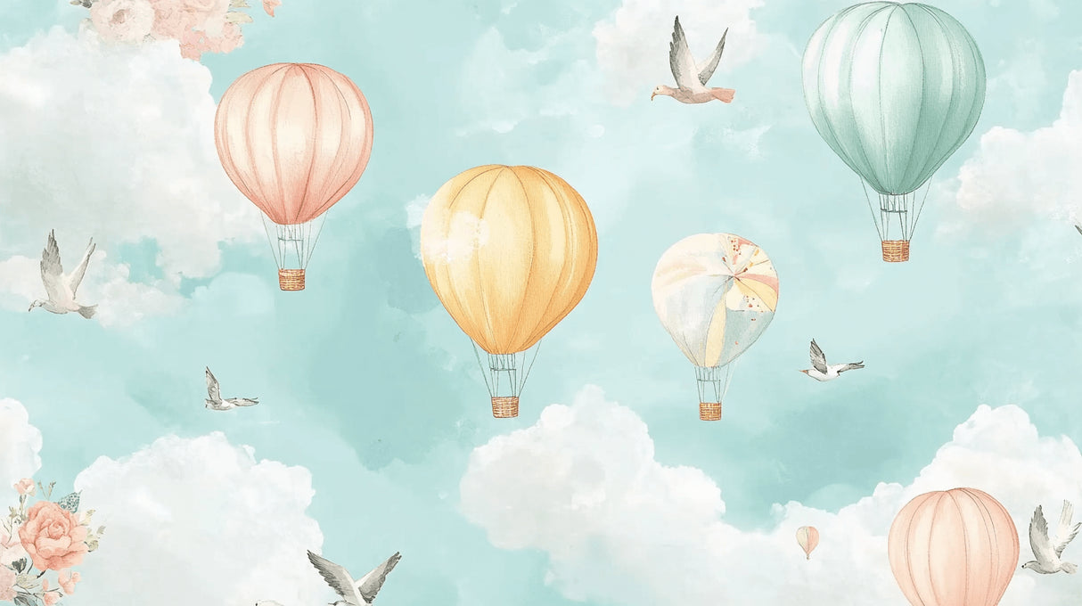 Hot air balloon and flying birds design file showing intricate pastel sky pattern