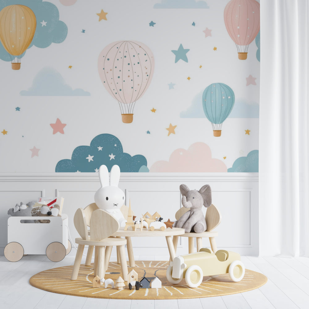 Hot air balloon wallpaper in a cozy nursery with rocking chair and white crib, soft pastel colors create a dreamy atmosphere