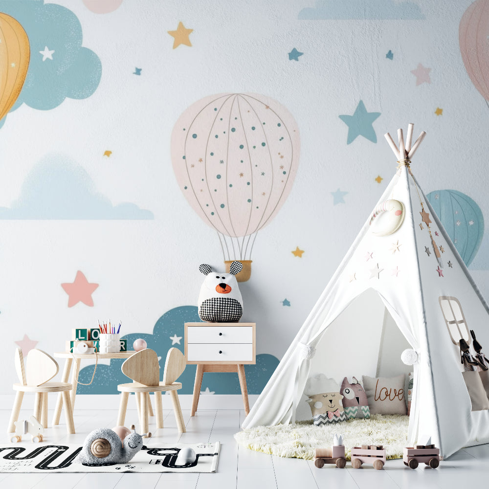 Kids bedroom featuring hot air balloon mural wallpaper, reading nook with floating shelves and plush toys