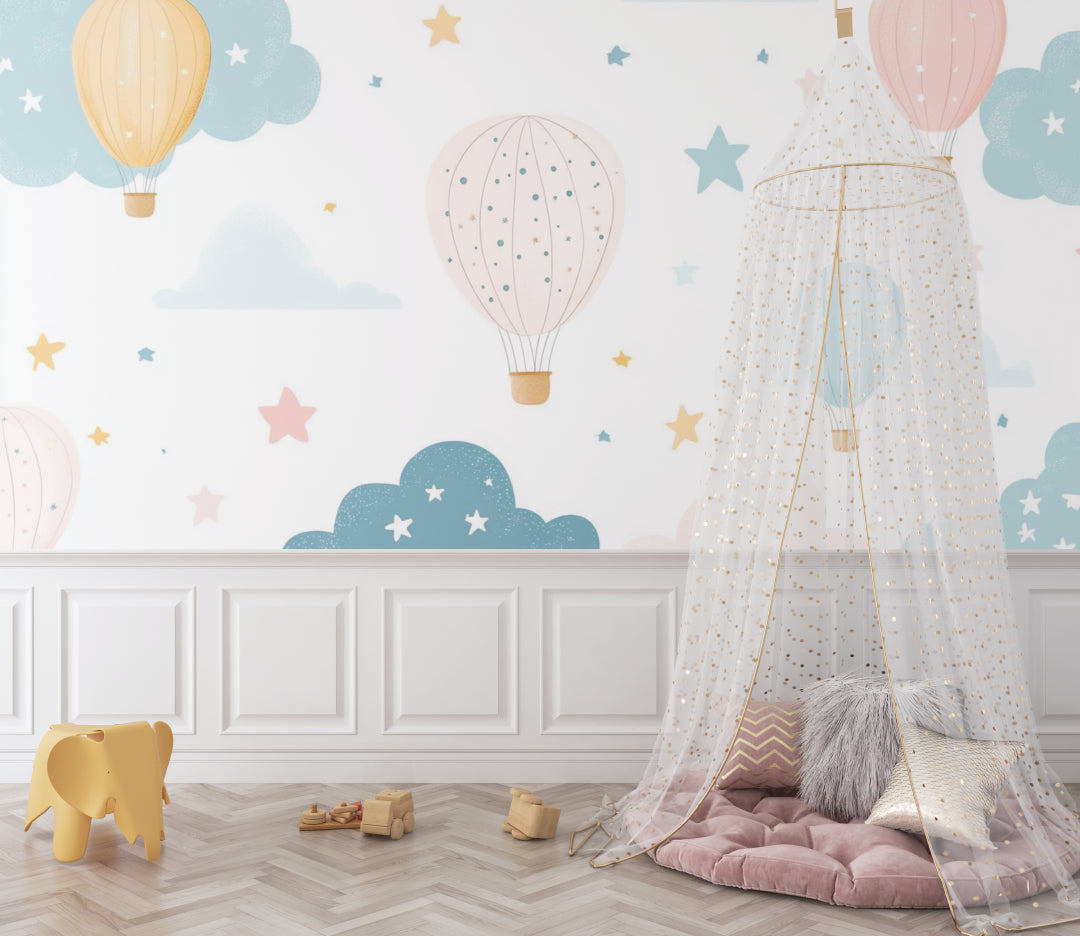 Toddler room with pastel hot air balloon wall mural, teepee tent and natural lighting showing golden stars