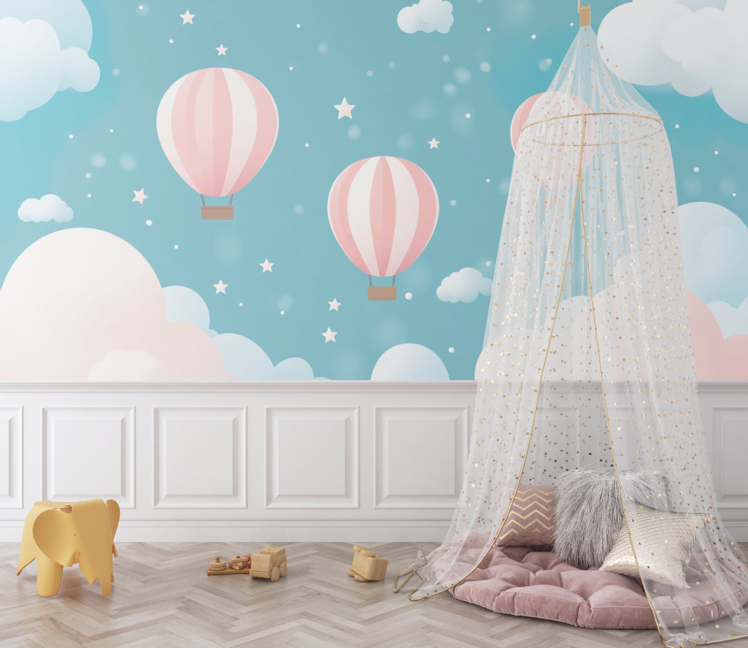 Balloon wallpaper transforming a playroom with soft pink and blue tones, perfect for imaginative play