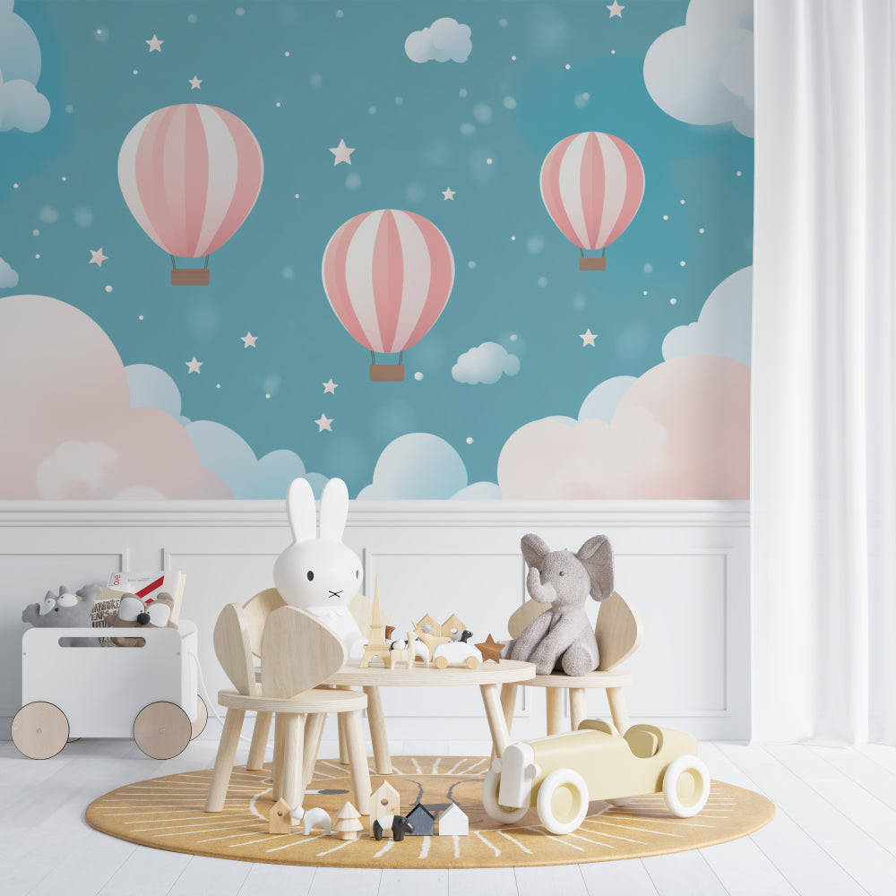 Hot air balloon mural in a baby girl's nursery, creating a peaceful sleeping environment
