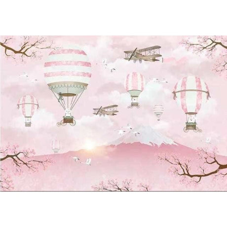 Design file of hot air balloons floating among cherry blossoms in a dreamy pink sky
