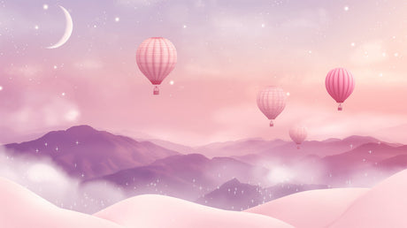 Dreamy mountain landscape mural with hot air balloons adorning a child's reading nook