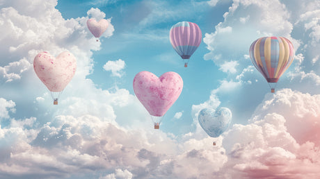 Design file showing detailed heart shaped balloons floating in dreamy blue sky pattern