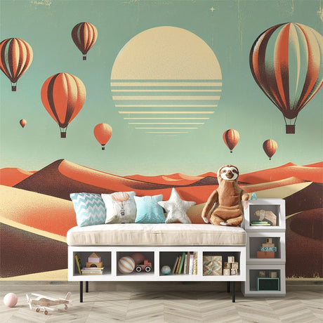 Hot air balloon wallpaper creating a dreamy atmosphere in a modern nursery with mint green and coral accents