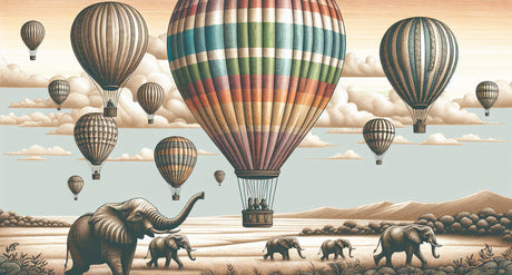 Hot air balloon and elephant safari design file showing full pattern detail and color palette