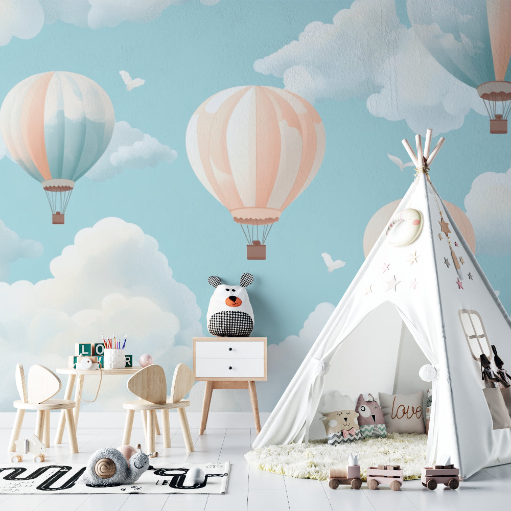 Pink hot air balloon wallpaper bringing charm to a little girl's bedroom with white furniture