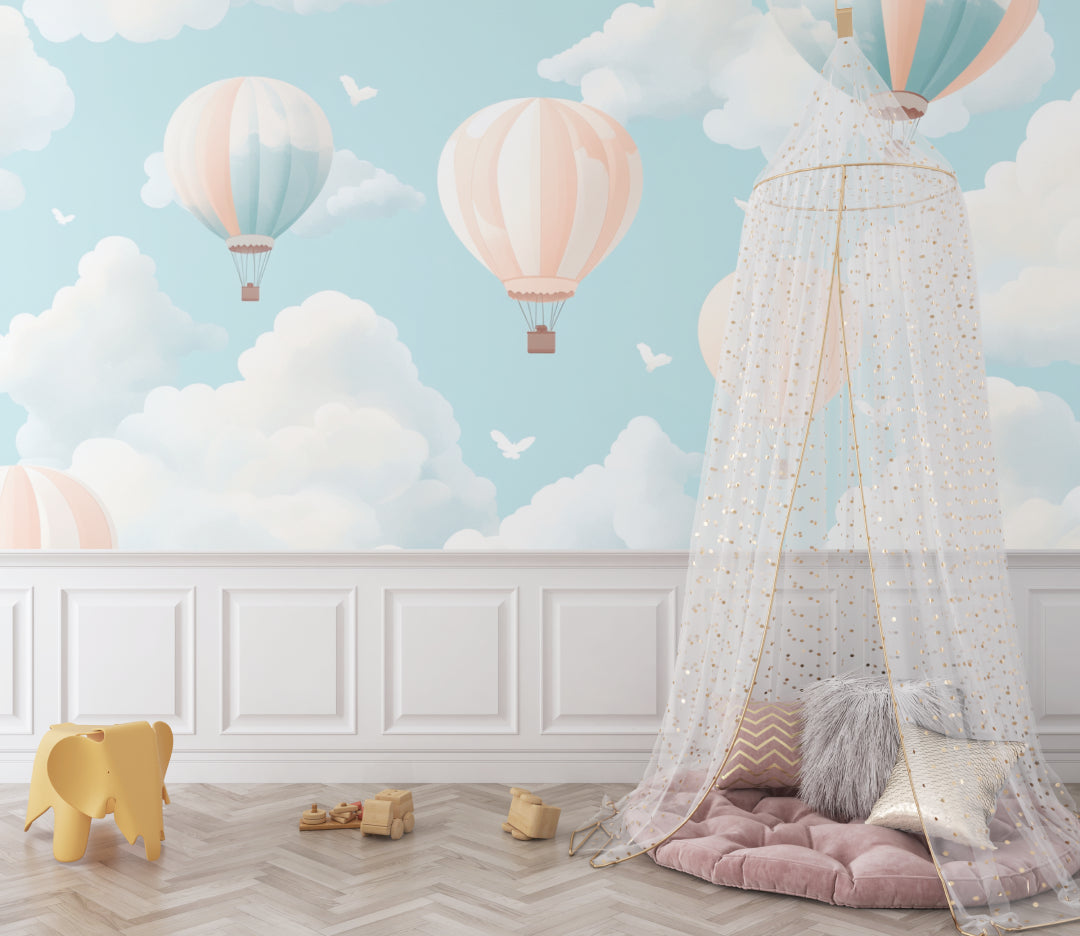 Hot air balloon mural adding whimsy to a playroom with natural light