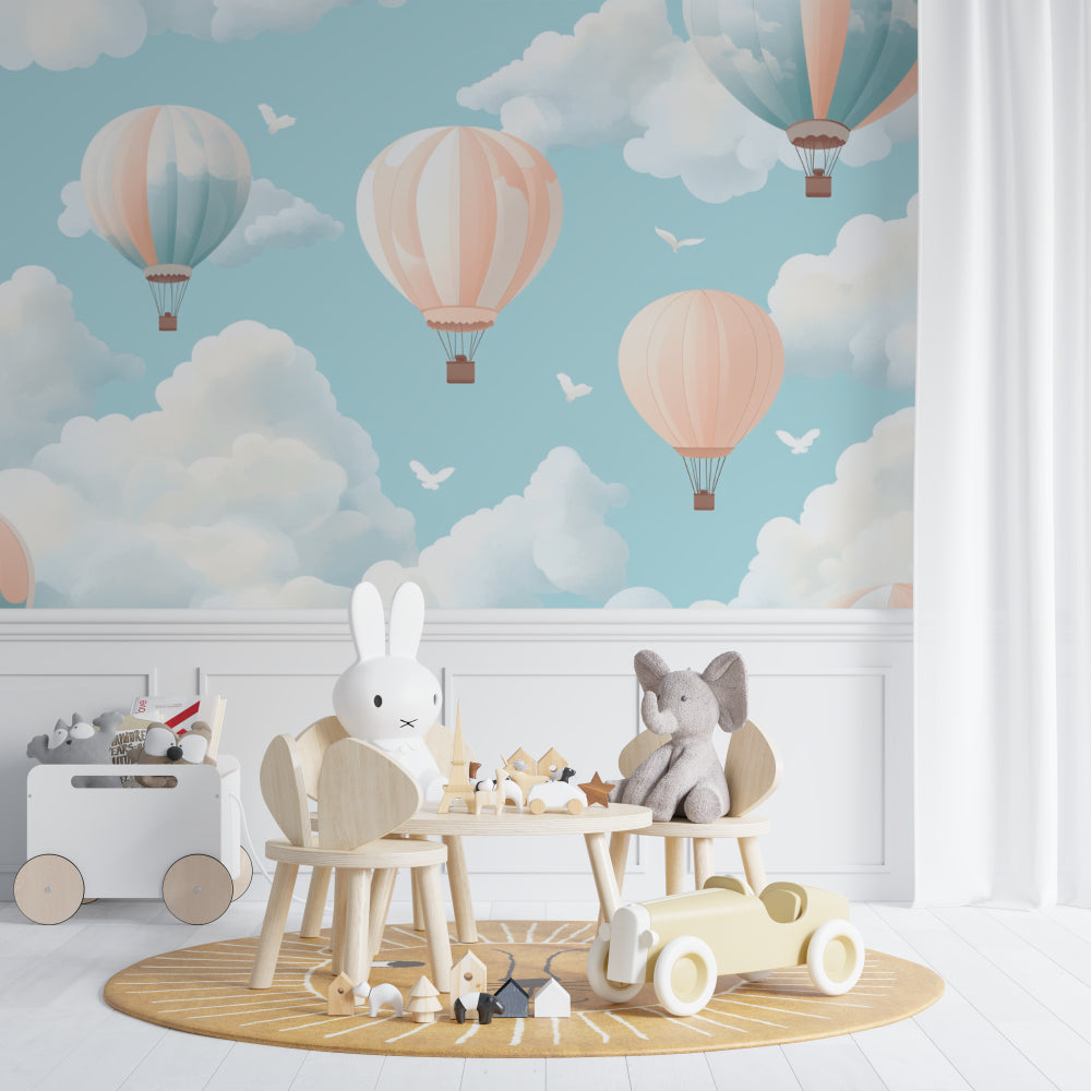 Balloon wallpaper creating a peaceful reading nook in a children's room