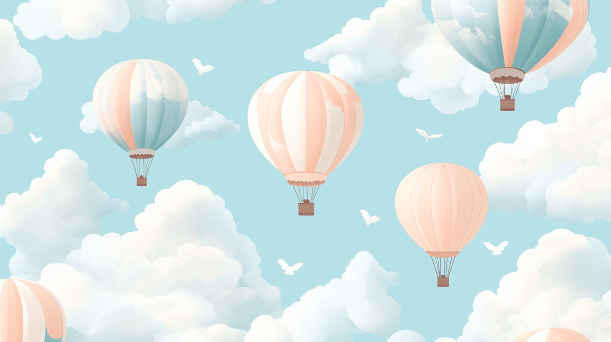 Hot air balloon design file showing detailed pink balloons and clouds pattern on blue sky background
