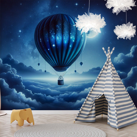 Hot air balloon wallpaper mural creating a magical atmosphere in a cozy nursery with soft night lighting