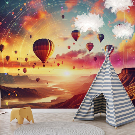 Hot air balloon wallpaper creating a magical sunset atmosphere in a cozy children's bedroom with reading nook
