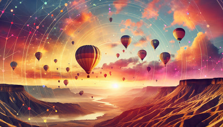 Hot air balloon design file showing detailed sunset sky pattern with floating balloons and canyon landscape