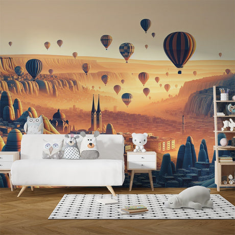 Hot air balloon wallpaper creating a warm, inviting atmosphere in a modern living room with sunset city views