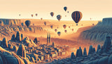 Hot air balloon design file showing detailed cityscape and balloon pattern at sunset