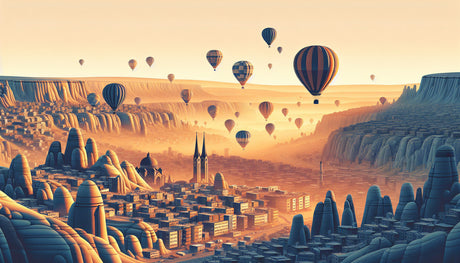 Hot air balloon design file showing detailed cityscape and balloon pattern at sunset