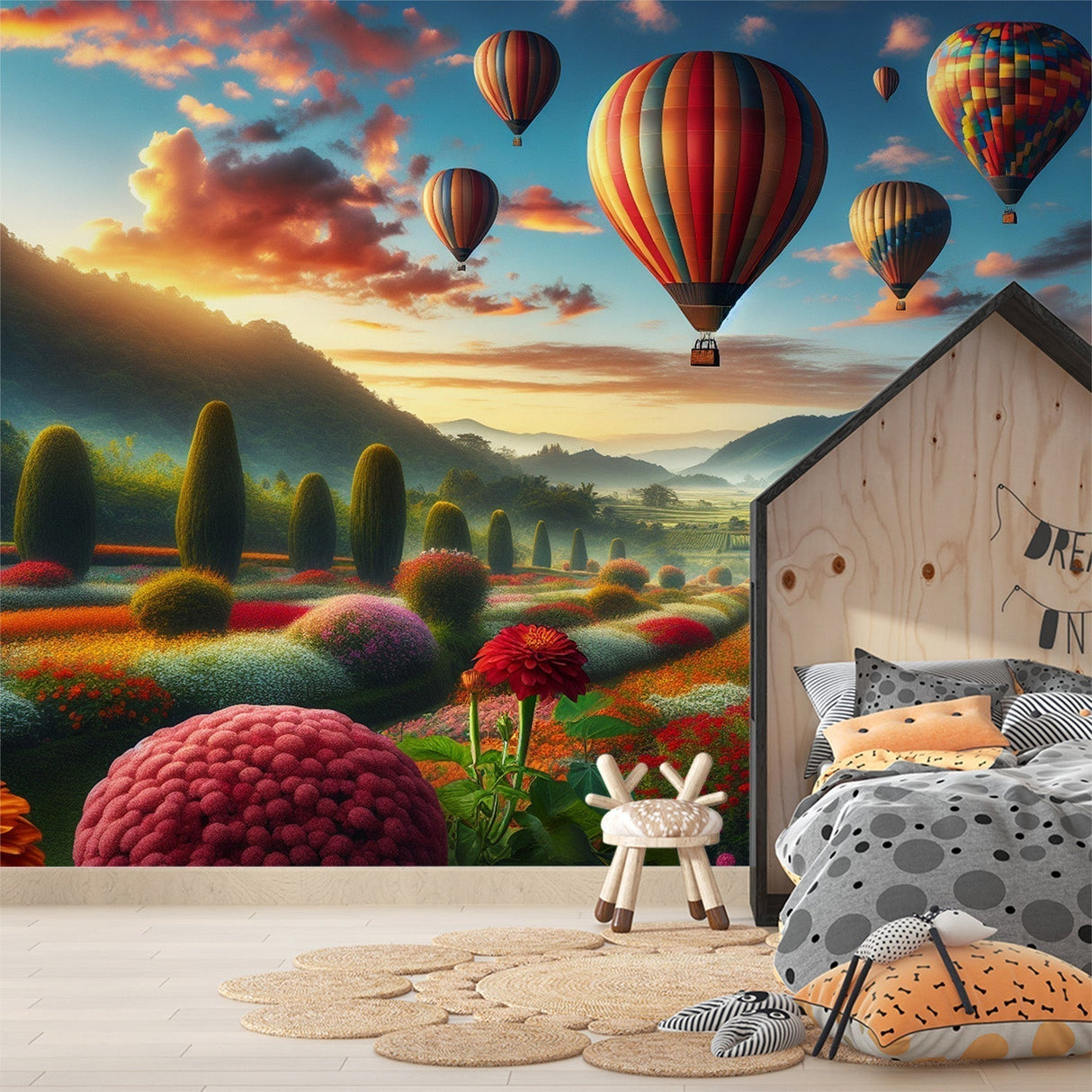 Hot air balloon sunset garden wallpaper displayed in a bright living room, showing floating balloons against warm evening sky
