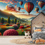 Hot air balloon sunset garden wallpaper displayed in a bright living room, showing floating balloons against warm evening sky