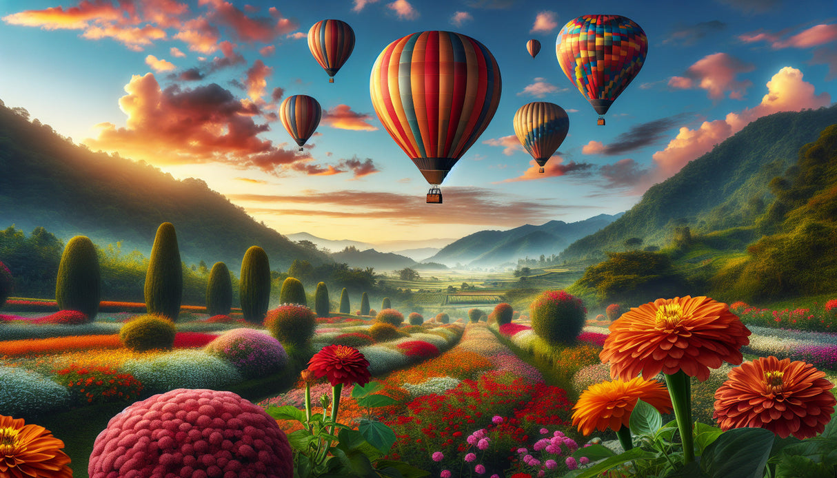 Hot air balloon garden paradise design file showing detailed pattern of balloons, mountains and flowers at sunset