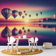 Hot air balloon wallpaper creating a peaceful atmosphere in a modern living room, with sunset colors reflecting off white furniture
