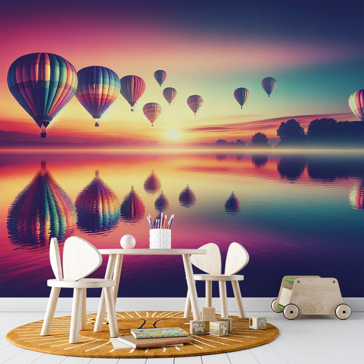 Hot air balloon wallpaper creating a peaceful atmosphere in a modern living room, with sunset colors reflecting off white furniture