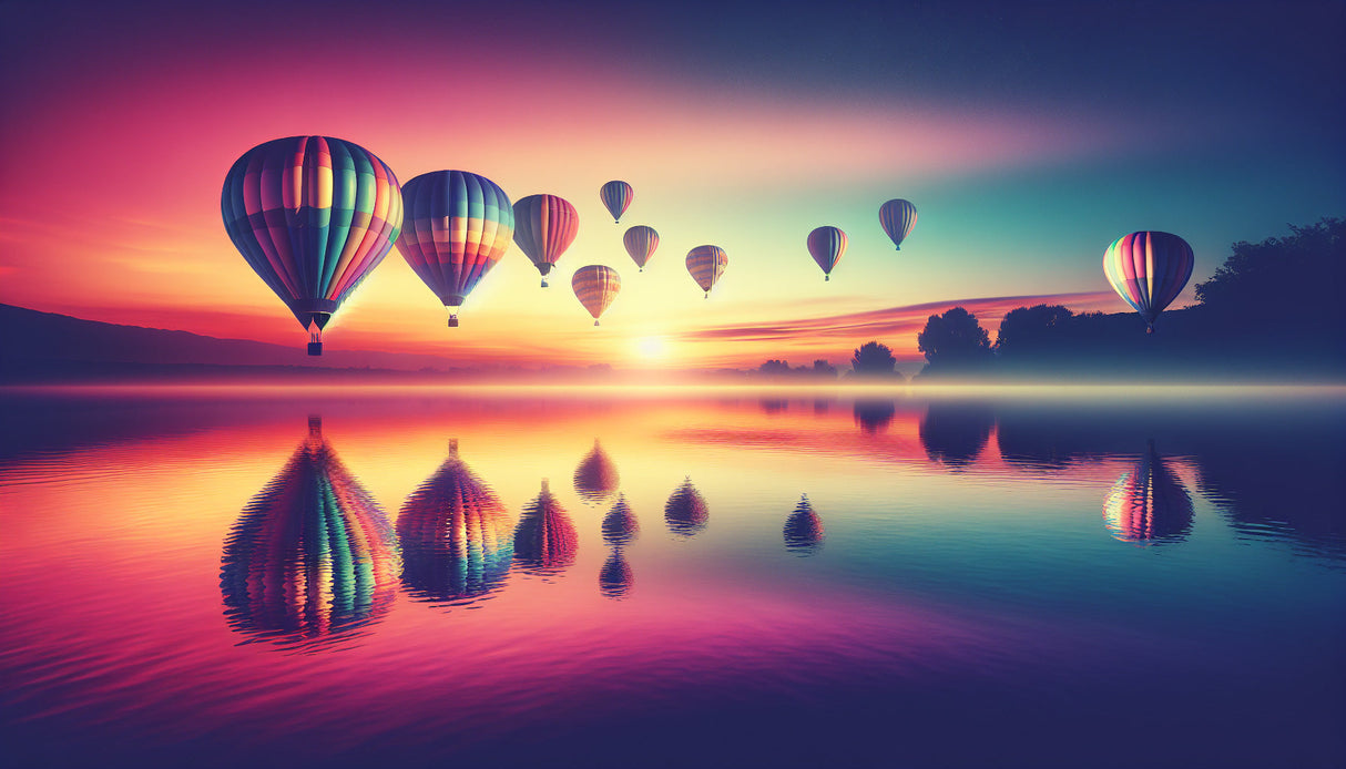 Hot air balloon wallpaper design file showing detailed sunset lake scene with floating balloons and reflections