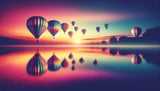 Hot air balloon wallpaper design file showing detailed sunset lake scene with floating balloons and reflections