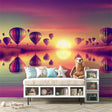 Hot air balloon wallpaper mural creating a dreamy atmosphere in a modern living room with purple-pink sunset tones