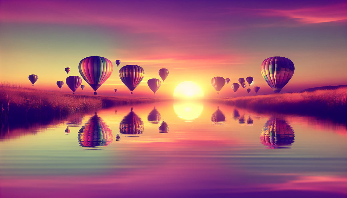Hot air balloon wallpaper design file showing detailed lake reflection pattern and sunset color palette