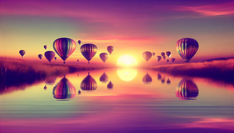 Hot air balloon wallpaper design file showing detailed lake reflection pattern and sunset color palette