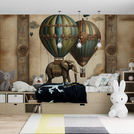 Hot air balloon wallpaper transforms a cozy nursery with vintage-inspired design and whimsical elephant motif