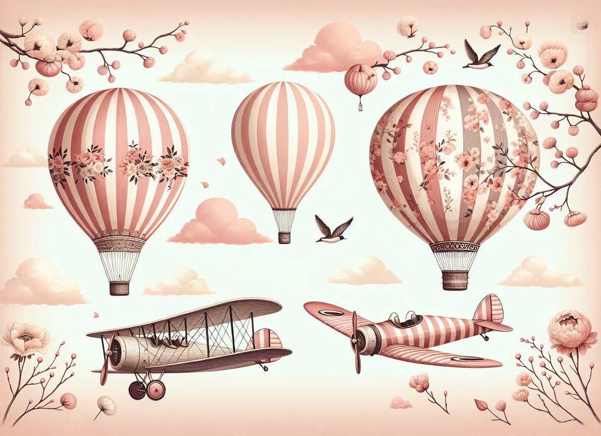 Hot Air Balloon Wallpaper creating a soft, dreamy atmosphere in a pink nursery with vintage furniture and natural light