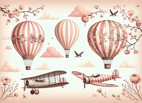 Hot Air Balloon Wallpaper creating a soft, dreamy atmosphere in a pink nursery with vintage furniture and natural light