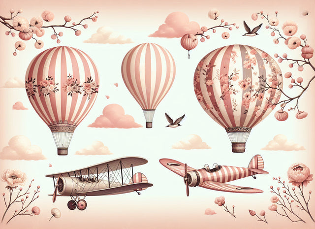 Hot Air Balloon Wallpaper creating a soft, dreamy atmosphere in a pink nursery with vintage furniture and natural light