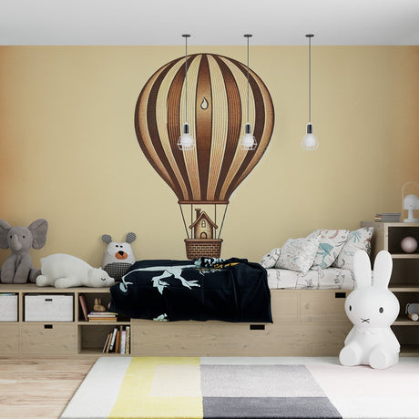 Hot air balloon wallpaper in a bright nursery, brown and cream vintage design creating a cozy storytelling corner