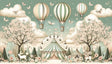 Hot air balloon wallpaper bringing magic to a cozy nursery, with soft sage-green and cream stripes creating a dreamy atmosphere