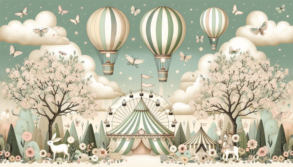 Hot air balloon wallpaper bringing magic to a cozy nursery, with soft sage-green and cream stripes creating a dreamy atmosphere