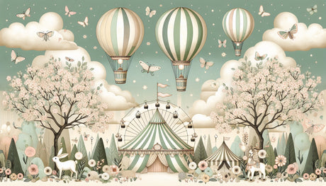 Hot air balloon wallpaper bringing magic to a cozy nursery, with soft sage-green and cream stripes creating a dreamy atmosphere